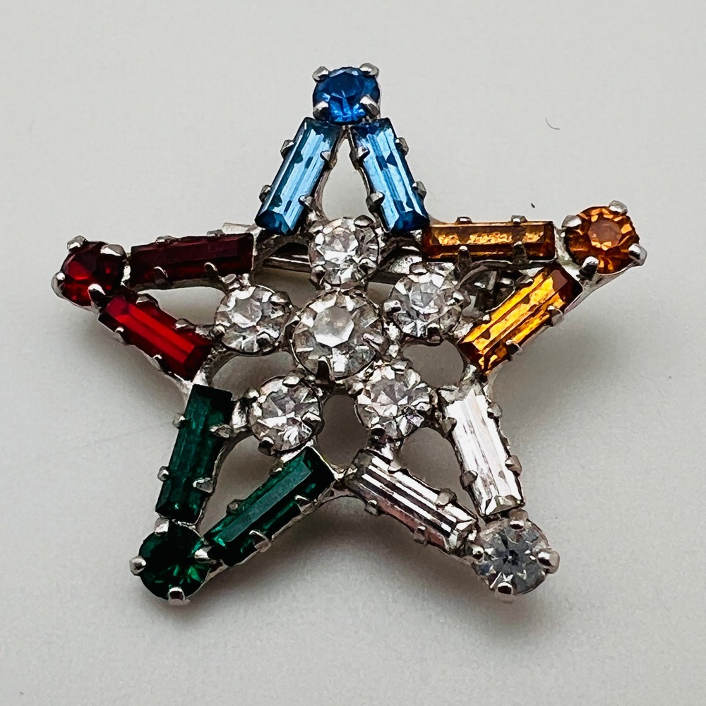 Order of the Eastern Star OES Rhinestone Brooch Multi Color Silver Tone Pin